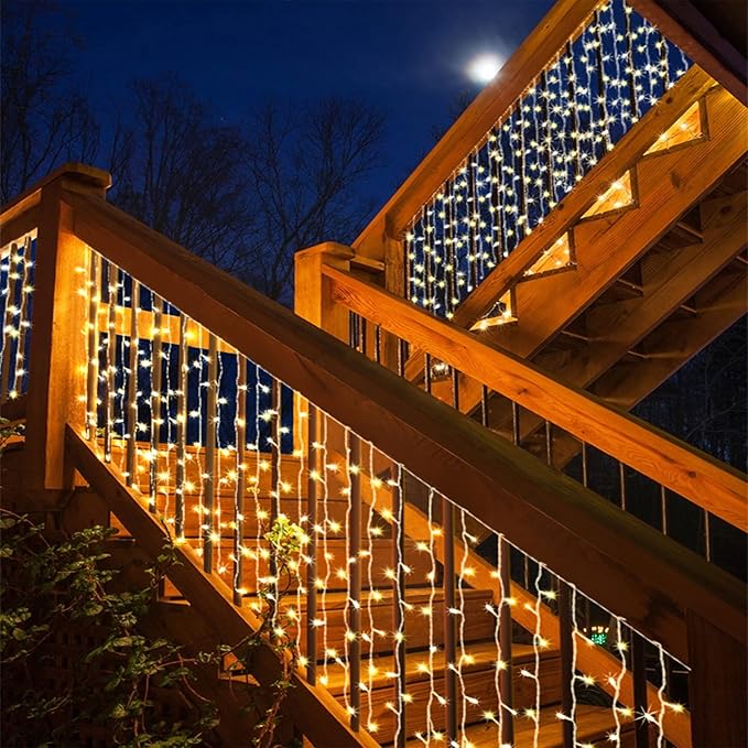 Eueasy Curtain-Lights Outdoor, 300 LED-Fairy Lights, Connectable15×3.3 FT with 8 Lighting Modes, for Balconies, Fences, Stairs Guardrails