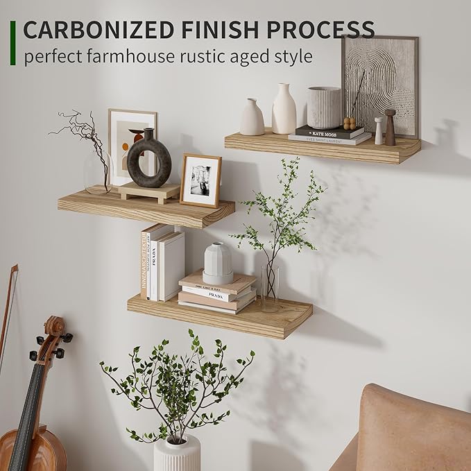 Wood Floating Shelves for Wall Set of 3, 17 Inch Wide Rustic Wooden Floating Shelves, Invisible Wall Mounted Display for Living Room Bedroom Kitchen Bathroom Office, Carbonized Black