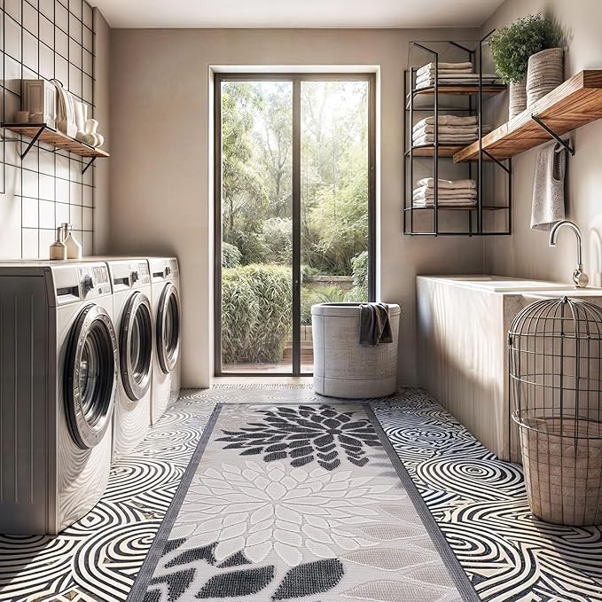 Beverly Rug Outdoor Runner Rug 2x7 Modern Floral Tropical Area Rugs for Indoor and Outdoor Patio Easy to Clean Non Shedding Living Room Porch Garden Washable Outside Carpet (2 x 7 Beige)