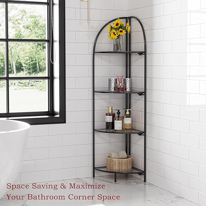 Crofy Foldable 4 Tier Corner Shelf, Metal Corner Plant Stand with Black Frame and Transparent Shelves, Corner Display Rack Multipurpose Shelving Unit for Living Room, Bedroom, Bathroom