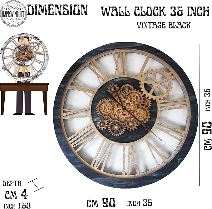 The Gears Clock 36'' Inch Real Moving Gear Wall Clock Vintage Industrial Oversized Rustic Farmhouse (Vintage Black Wood and Bronze)