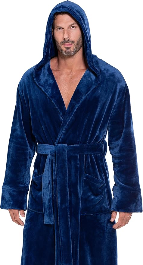 Turquaz Plush Robes For Men, Soft Fuzzy Hooded Mens Bathrobes, Long Comfy Robe For Men