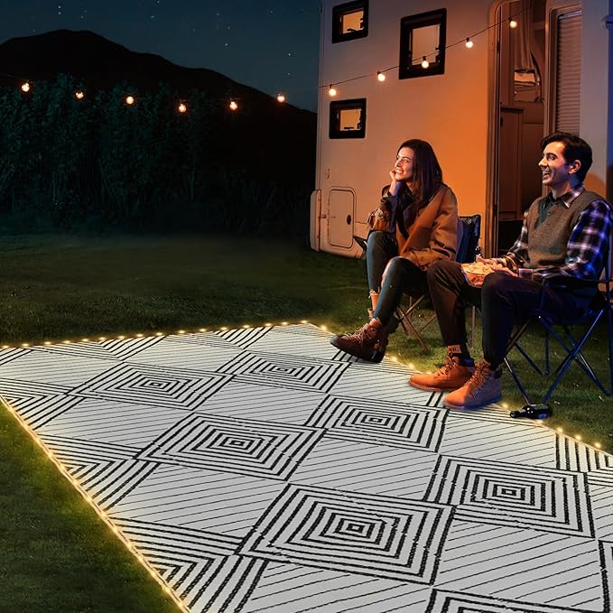 6x9ft Waterproof Outdoor Rug with LED Lights, Foldable Reversible Plastic Straw Mat for Patio RV Camping Picnic Balcony Beach Deck Indoor Outdoor Carpet, Black&White