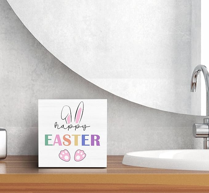 SRADMO Happy Easter Sign, Cute Bunny's Ear Easter Wood Box Sign Desk Decor, Easter Bunny Decorations, Easter Theme Wooden Block Box Sign Decoration for Home Office Shelf Table Decor