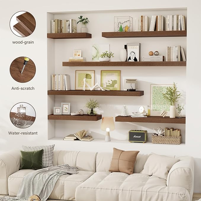 12 Inch Floating Shelves, 12" Deep Floating Shelf Wall Mounted, 12" Wall Shelves, Rustic Deep Bookshelf, Extra Deeper Display Shelves & Storage Shelves for Bedroom, Living Room, Set of 3