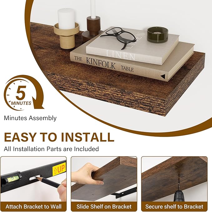 72 Inch Floating Shelves, 8 Inch Deep Floating Shelf, Large Shelves with Invisible Bracket for Books|Storage, Rustic Wood Wall Shelf for Bedroom, Kitchen, Living Room, Rustic Brown