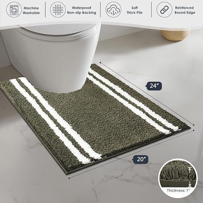 PURRUGS Bathroom Rug Non-Slip Machine Washable 20" x 24" U-Shaped, Super Absorbent and Quick Dry Shaggy Microfiber Bath Mat, Extra Soft and Plush Contour Rug for Toilet Base, Olive Green