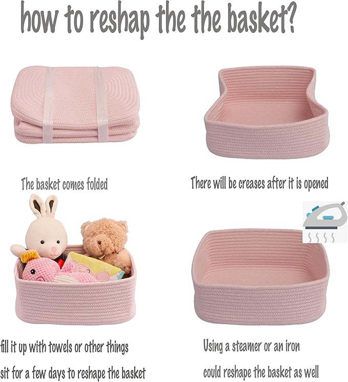 Small Woven Storage Baskets 12“X8”X5“ Decorative Rope Bins for Organizing Shelves, Closets, and Toys, Empty Gift Baskets, Cute Organizer Basket for Home and Office (pink, regular)