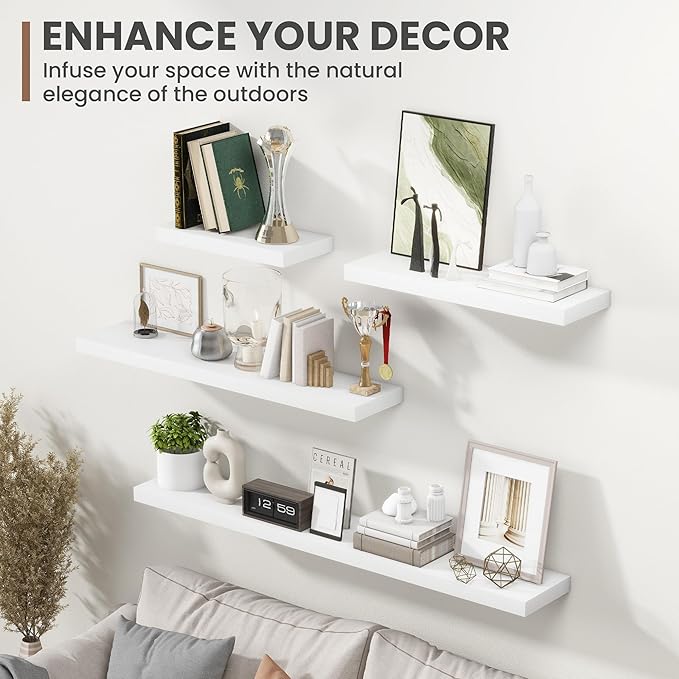 24 Inch Floating Shelves, 8 Inch Deep Floating Shelves for Wall, Hanging Shelf with Invisible Brackets, Deep Shelves for Bathroom, Bedroom, Living Room, White, Set of 2