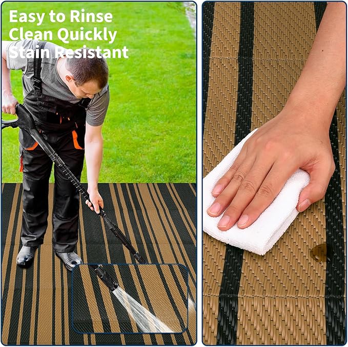 Waterproof Outdoor Rug 8x10 Contemporary Reversible Plastic Straw Rug, Easy Cleaning Striped Patio Carpet, UV-Resistant Indoor Outdoor Floor Cover for RV, Porch, Deck, Backyard, Black Brown