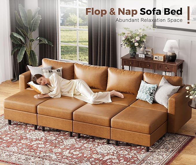 91.5" Luxury Modular Sleeper Sofa Bed with Storage Seat, 6 Seat Sectional Couch Deep Seat with Reversible Chaises & Removable Cover for Living Room - Faux Leather Brown