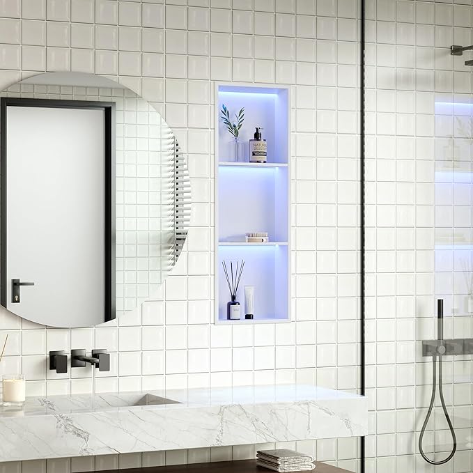 Stainless Steel Shower Niche 12" X 36", No Tile Needed Wall Niche with RGB Led Light, Recessed Shower Shelf for Bathroom Storage Over Mount Installation, Matte White