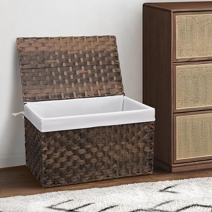 Wicker Storage Basket with Lid, 27.7 Gallon (105L) Large Blanket Basket with Lid, Woven Storage Bin with Handles, Removable Liner, Metal Frame, Foldable, for Bedroom, Laundry Room, Brown