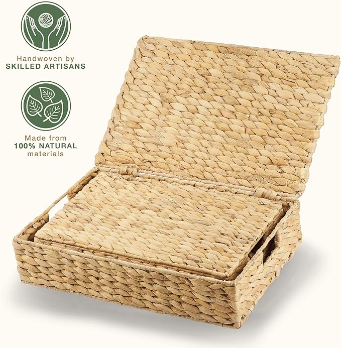 Set of 2 Wicker Baskets with Lid for Organizing - Decorative Storage Boxes With Lids for Home Decor, Shelves - Organic Modern Home Decor - Remote Box - Coffee Table Basket