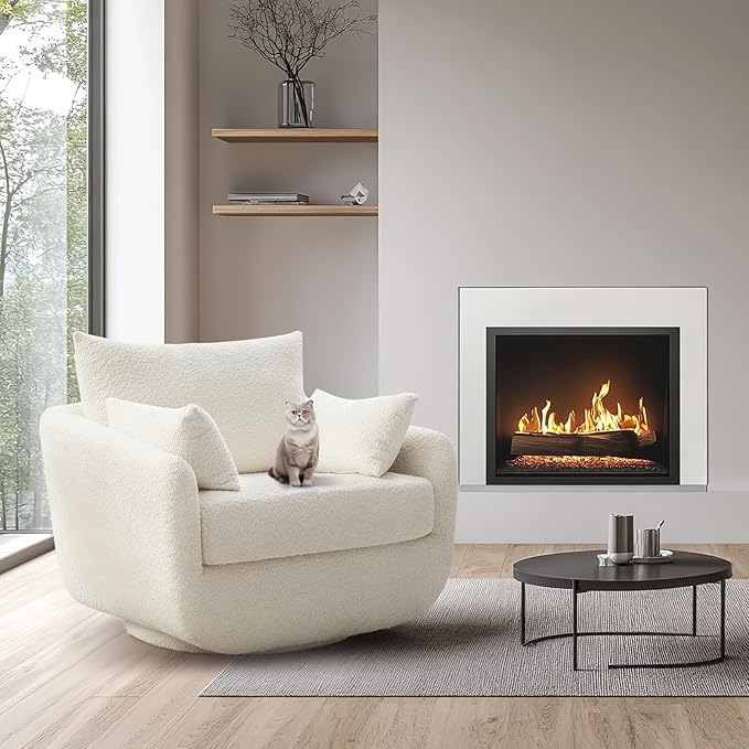 360° Swivel Accent Armchair, 39.3" Oversized, Sherpa Boucle Fabric Sofa Chair with Removable Back & Arm Pillows, Swivel Chair with Cozy Soft Padded, No Assembly Required (1, Cream White)