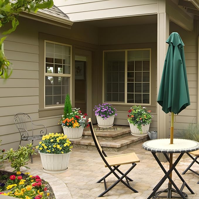 Quarut 14 Inch Plastic-Flower-Pot-for-Indoor-Plants, 4 Pack Large Outdoor Planter Pot with Drainage Holes & Saucers, Resin Decorative Garden Pots Planters(White)