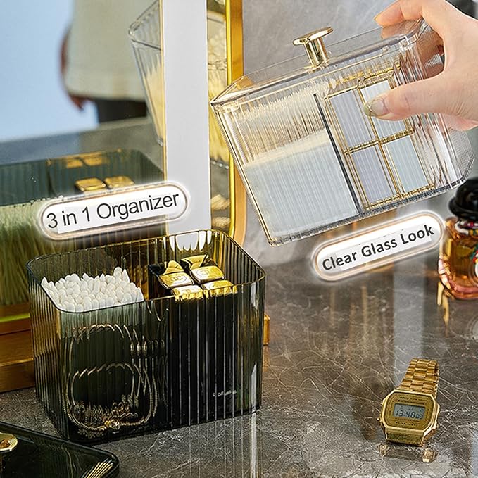 Qtips Holder Bathroom Container,3-Section Cotton Ball/Swabs Dispenser,3 Grids Apothecary Jar Organizer, Cosmetics Storage for Vanity