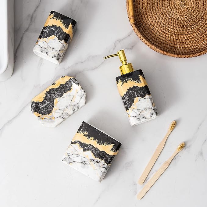 4 Piece Bathroom Accessories Set - Black and White Includes Lotion Dispenser, Toothbrush Holder Tumbler, and Soap Dish - Glossy Finish (Marble, Black, and White)