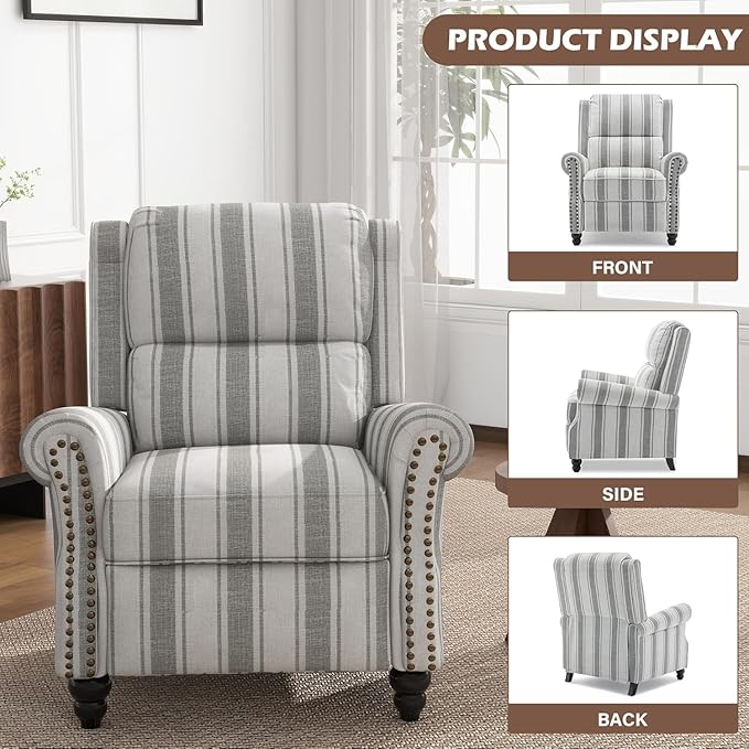 UIXE Pushback Recliner Chairs Set of 2, Fabric Armchair Push Back Accent Chair for Living Room, Rivet Trim Club Chair Overstuffed Home Theater Bedroom Reading Seat - Stripe Gray