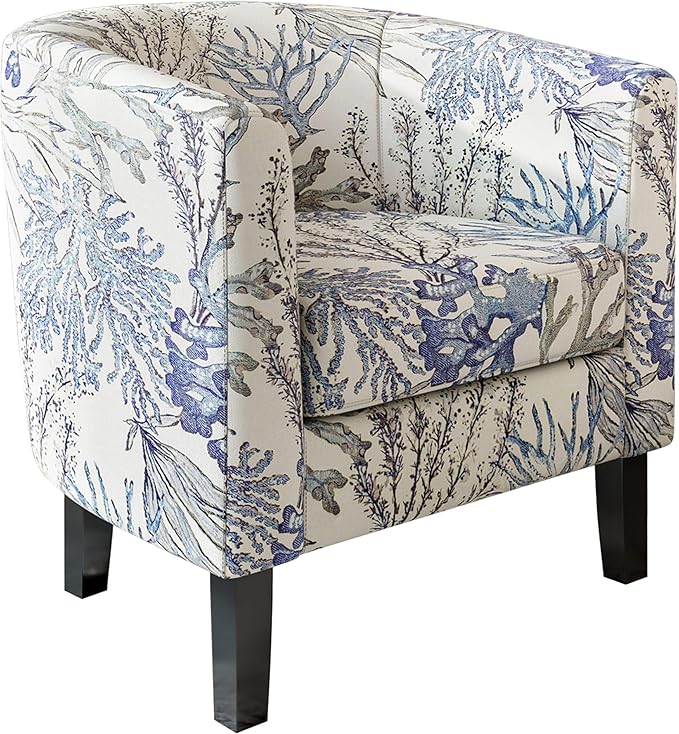 BELLEZE Living Room Chair, Linen Round Accent Barrel Chair, Club Tub Sofa Chair for Bedroom, Corner Chair with Flared Legs and Cozy Soft Padding - Highland (Blue Coral)