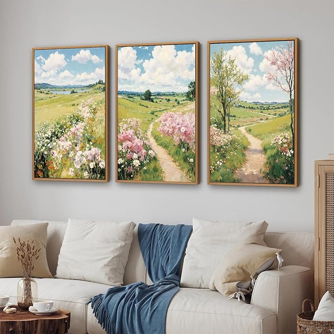 Tinonedraw Rustic Landscape Framed Canvas Wall Art Triptych, Blue and White Wall Decor, Vintage Botanical Floral Artwork, Modern Country Nature Farmhouse Art Prints for Living Room Bedroom 16"x24"x3