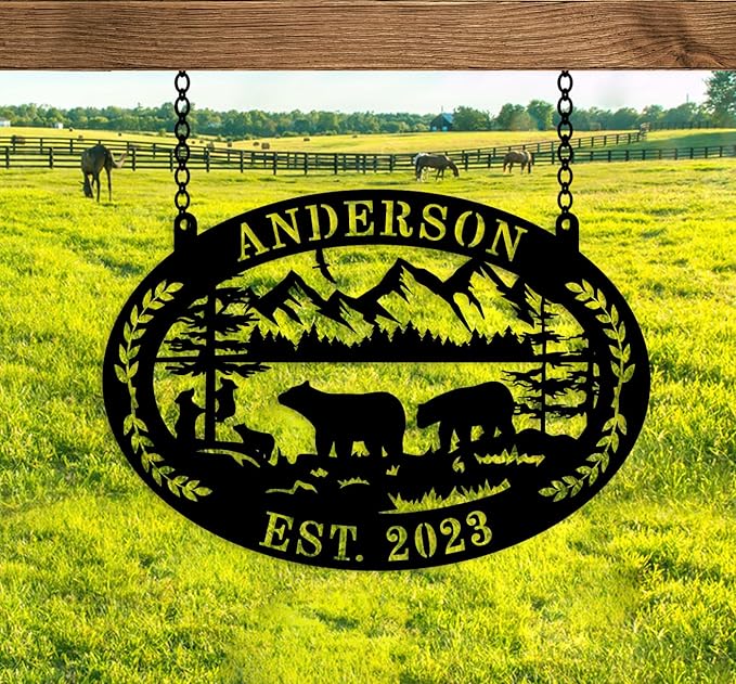 Custom Farmhouse Farm Sign, Custom Bear Monogram Name Sign, Ranch Sign, Outdoor Family Name Sign, Personalized Family Name Bear Metal Wall Sign, Personalized Rustic Name Sign