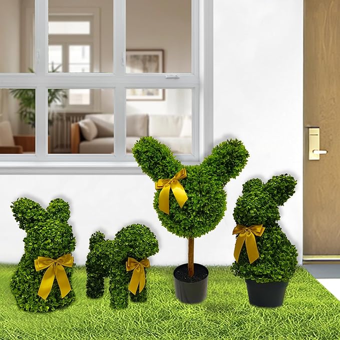 2 Pcs Artificial Bunny Shaped Topiary Trees, Artificial Green Boxwood Bunny Decorations with Gold Bow, Perfect for Indoor & Outdoor Front Porch, Easter& Garden Decor (Bunny Tree with Base)