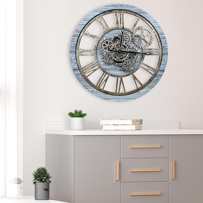 HOIBAI Large Wall Clock, Wall Clocks for Living Room Decor Farmhouse Vintage Rustic Kitchen Wall Decor Vintage Roman Big Oversized Wall Clock for Home Bedroom House Office, Moving Gears Clock