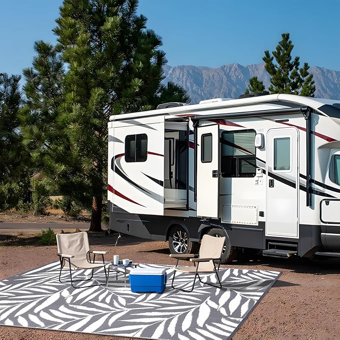 OLANLY Waterproof Outdoor Rug 8x10 ft, Reversible Outdoor Plastic Straw Rug with Leaf Pattern, RV Mat, Indoor Outdoor Carpet for Patio, Camping, Balcony, Deck, Backyard, Grey & White