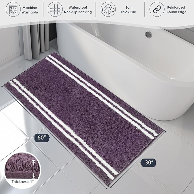 PURRUGS Bathroom Rug Non-Slip Machine Washable 30" x 60", Super Absorbent and Quick Dry Shaggy Microfiber Bath Mat, Extra Soft and Plush Bath Rug for Bathtub, Shower and Sink, Purple