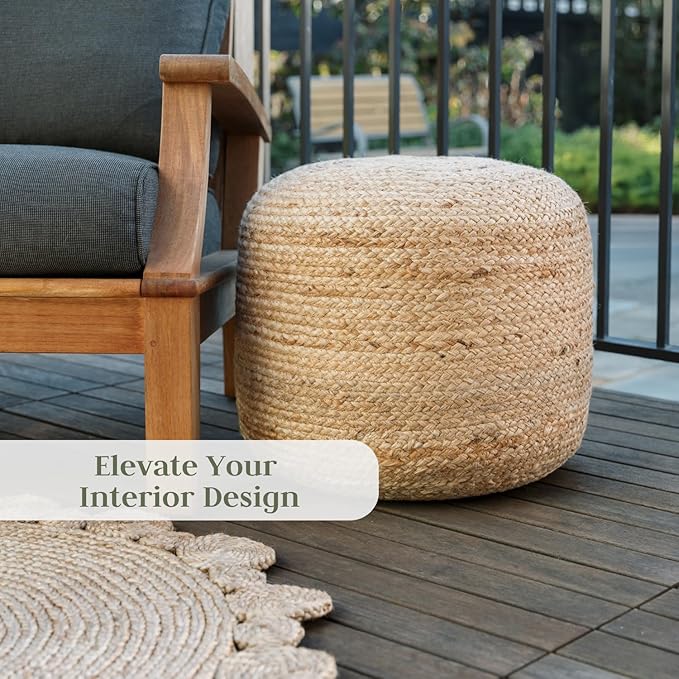 Pouf Ottoman, Round Braided Natural Jute Ottoman Pouf for Living Room or Bedroom, Floor Chair, Foot Rest or Decorative Home Decor