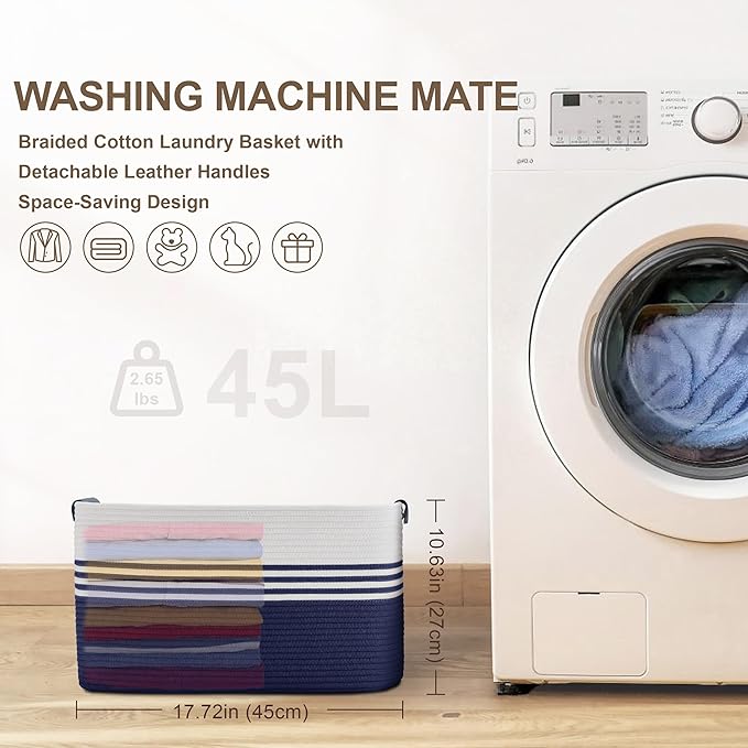 45L Small Laundry Basket with Leather Handles for Living Room Storage, Woven Rope Baskets Bin for Blanket, Kids Toy, Gifts, Wicker Hamper for Bedroom Dirty Clothes, 18"x14"x11" White Navy