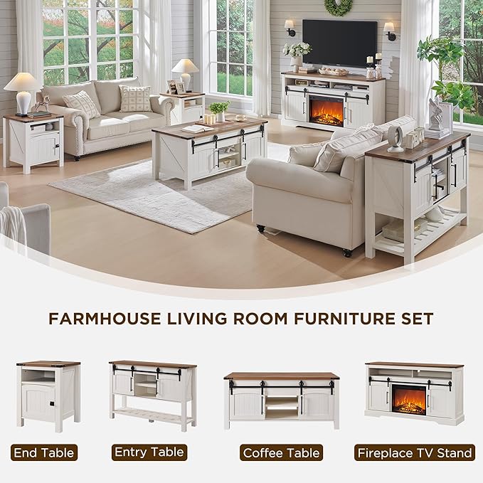 OKD Farmhouse Nightstand with Charging Station, 18" Rustic End Table with Adjustable Storage Shelf, Wood Rustic Wood Sofa Side Table for Bedroom