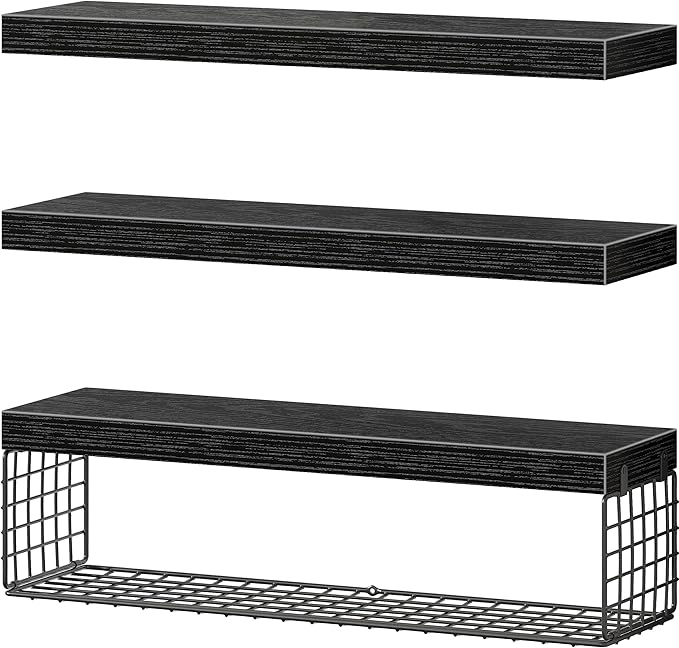 QEEIG Bathroom Shelves 24 inches Long - Floating Shelf for Wall Over Toilet Paper Storage Basket Farmhouse Set of 3, Black (019-60B3)