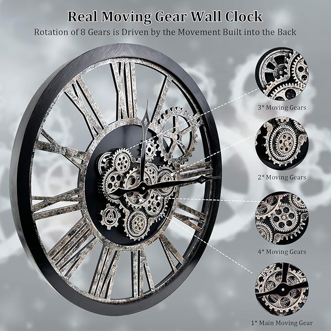 HOIBAI Large Wall Clock, Wall Clocks for Living Room Decor 36 Inch Farmhouse Vintage Rustic Kitchen Wall Decor Vintage Roman Oversized Wall Clock for Home Bedroom House, Moving Gears Clock