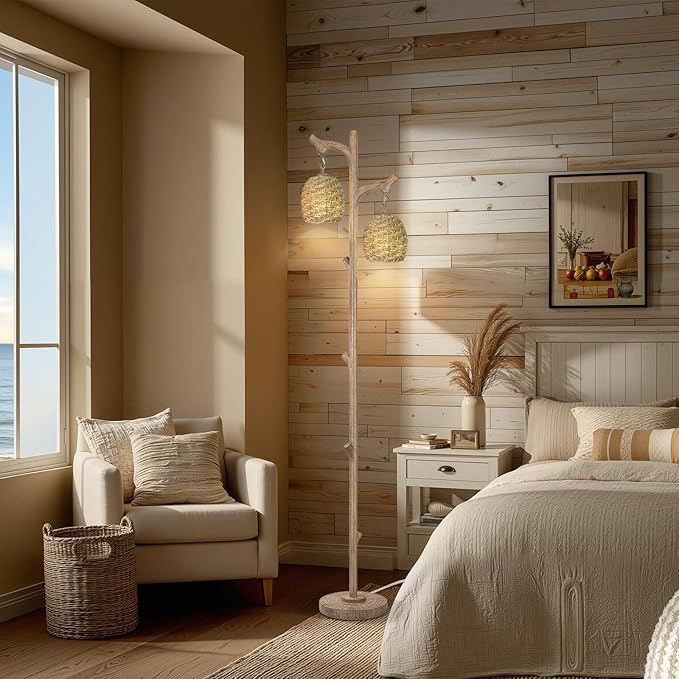 Scenekoy Vintage 68” Tall Floor Lamp with Straw Rope Woven Shade, Retro Resin Standing Lamp Tree Trunk Finish, Dimmable Corner Lamp Stand Up Light with Bulb Prefer for Living Room Bedroom Home Decor