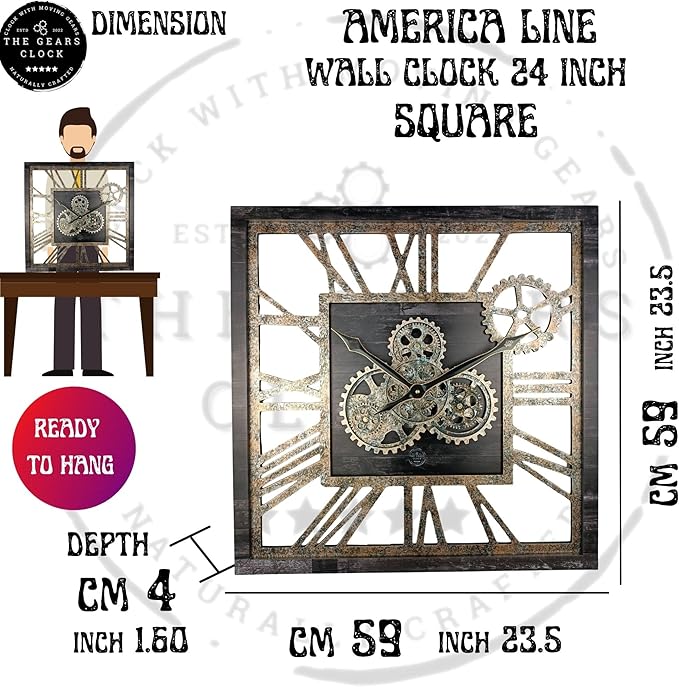 The Gears Clock 24'' Inch Square Real Moving Gear Wall Clock Vintage Industrial Oversized Rustic Farmhouse (Wood and Stone)