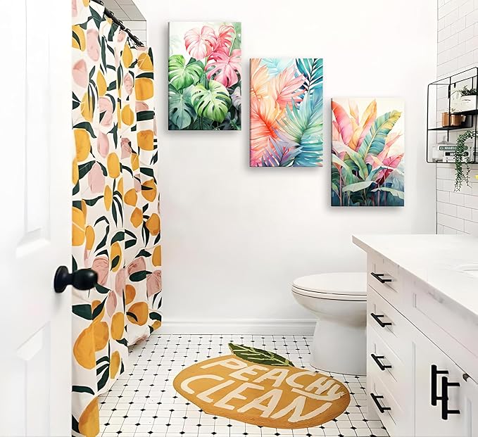 3pcs Framed Tropical Botanical Canvas Wall Art Monstera Leaves Posters Botanical Prints Bohemian style Wall Decor Pictures Palm Leaves Paintings for Bathroom living room Decoration