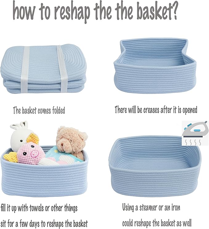 Small Woven Storage Baskets 13“X9”X5“ Decorative Rope Bins for Organizing Shelves, Closets, and Toys, Empty Gift Baskets, Cute Organizer Basket for Home and Office (blue, Large)