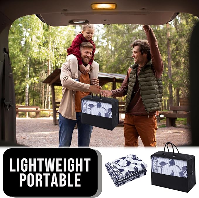 OLANLY Waterproof Outdoor Rug 5x8 ft, Outdoor Plastic Straw Rug with Flower Pattern, Reversible RV Mat for Patio, Camping, Balcony, Deck, Backyard, Navy & White