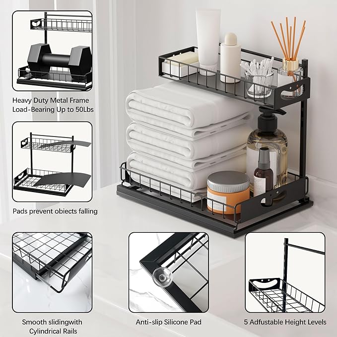Under Sink Organizer with Pull-Out Drawers,Kitchen Sink Organizer,2 Tier Bathroom Organizers And Storage,Bathroom Accessories Set,Black 1 Pack