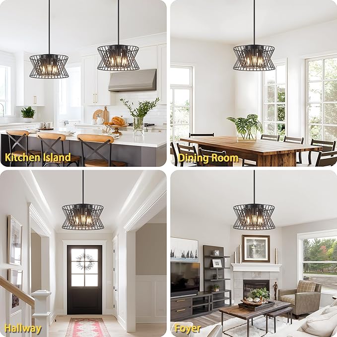 3-Lights Black Pendant Light Vintage Geometric Chandelier Light Fixture Adjustable Metal Lighting Fixtures for Kitchen Room Dining Room Foyer