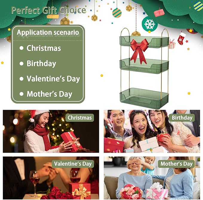 Bathroom Counter Organizer - Countertop Storage, Cosmetics & Skincare Shelf, Makeup & Perfume Organizer, Spice Rack for Kitchen (3 Tier - Green)