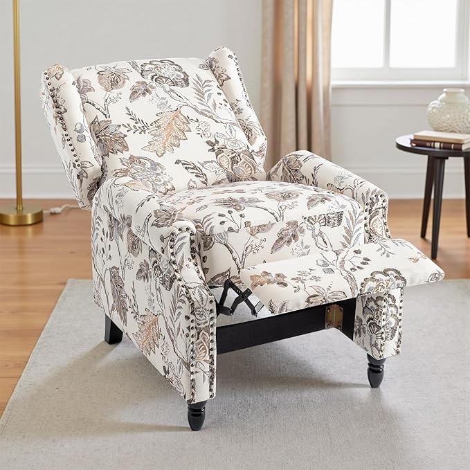 UIXE Recliner Chairs Set of 2, Fabric Upholstered Armchair Pushback Accent Chair for Living Room, Floral Rivet Trim Club Chair Home Theater Single Sofa Bedroom Side Reading Seat - Beige Plants