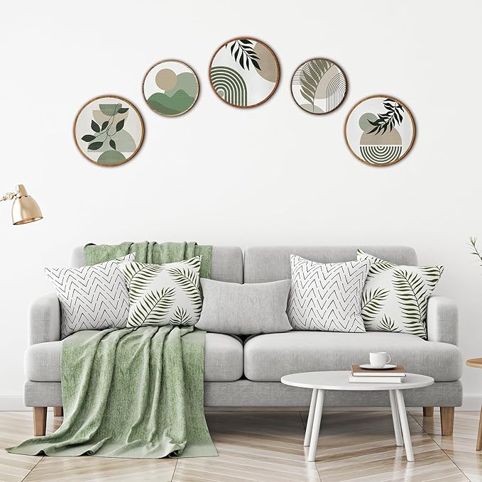 Qunclay 5 Pcs Wall Art Decor Wooden Living Room Wall Decor Bohemian Hanging Farmhouse Geometric 10'' and 8'' Aesthetic Wood Minimalist Posters for Bedroom(Greenery)