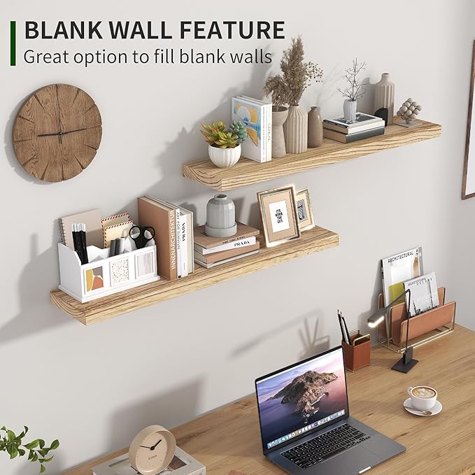 Wood Floating Shelves for Wall Set of 2, 36 Inch Wide Rustic Wooden Floating Shelves, Invisible Wall Mounted Display for Living Room Bedroom Kitchen Bathroom Office, Carbonized Black