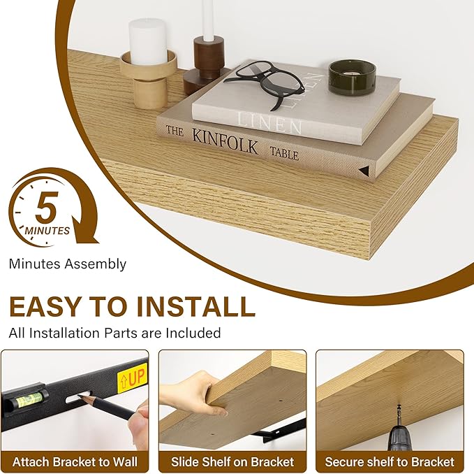 72 Inch Floating Shelves for Wall, 8 Inch Deep Floating Shelf, Large Shelves with Invisible Bracket for Books|Storage, Rustic Wood Wall Shelf for Bedroom, Kitchen, Living Room, Oak