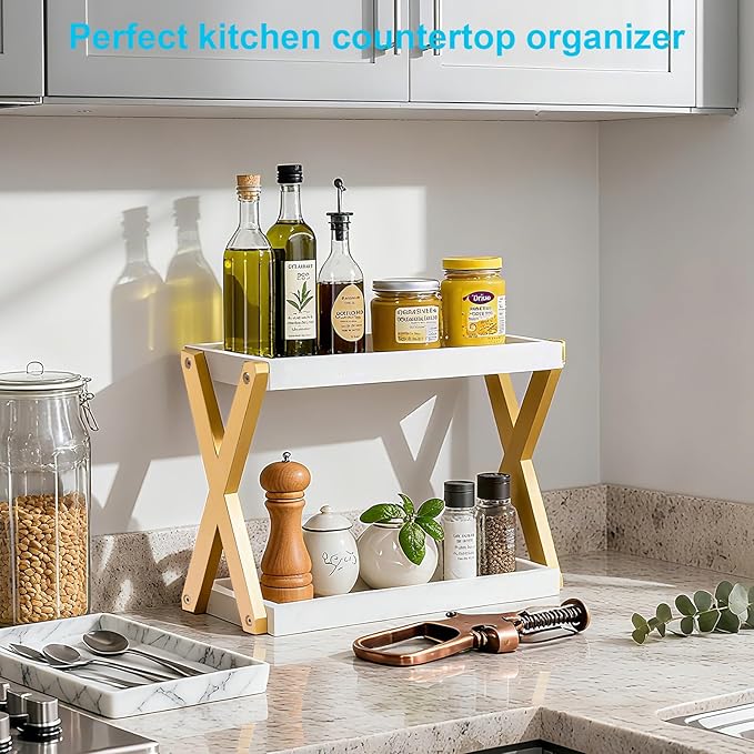 Bathroom Counter Organizer with Basket, Wooden Sink Shelf for Vanity Storage, Storage Organizers for Bathroom, Kitchen, Dresser (Gold-White)