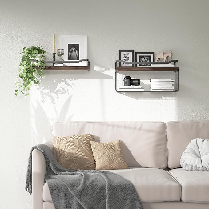 WOPITUES Floating Shelves with Wire Storage Basket, Bathroom Shelves Over Toilet with Protective Metal Guardrail, Wood Wall Shelves for Bathroom, Bedroom, Living Room, Toilet Paper- Dark Brown