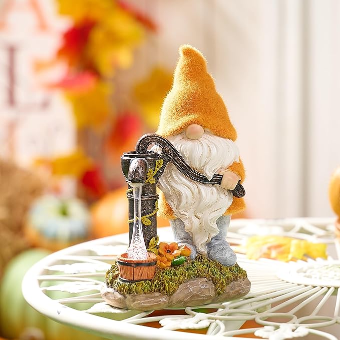 TERESA'S COLLECTIONS Fall Decor, Fall Gnomes Decor, Autumn Garden Gnomes Pumping Water with Solar Lights, Waterproof Resin Outdoor Fall Decor, Fall Gifts Outdoor/Indoor,9"